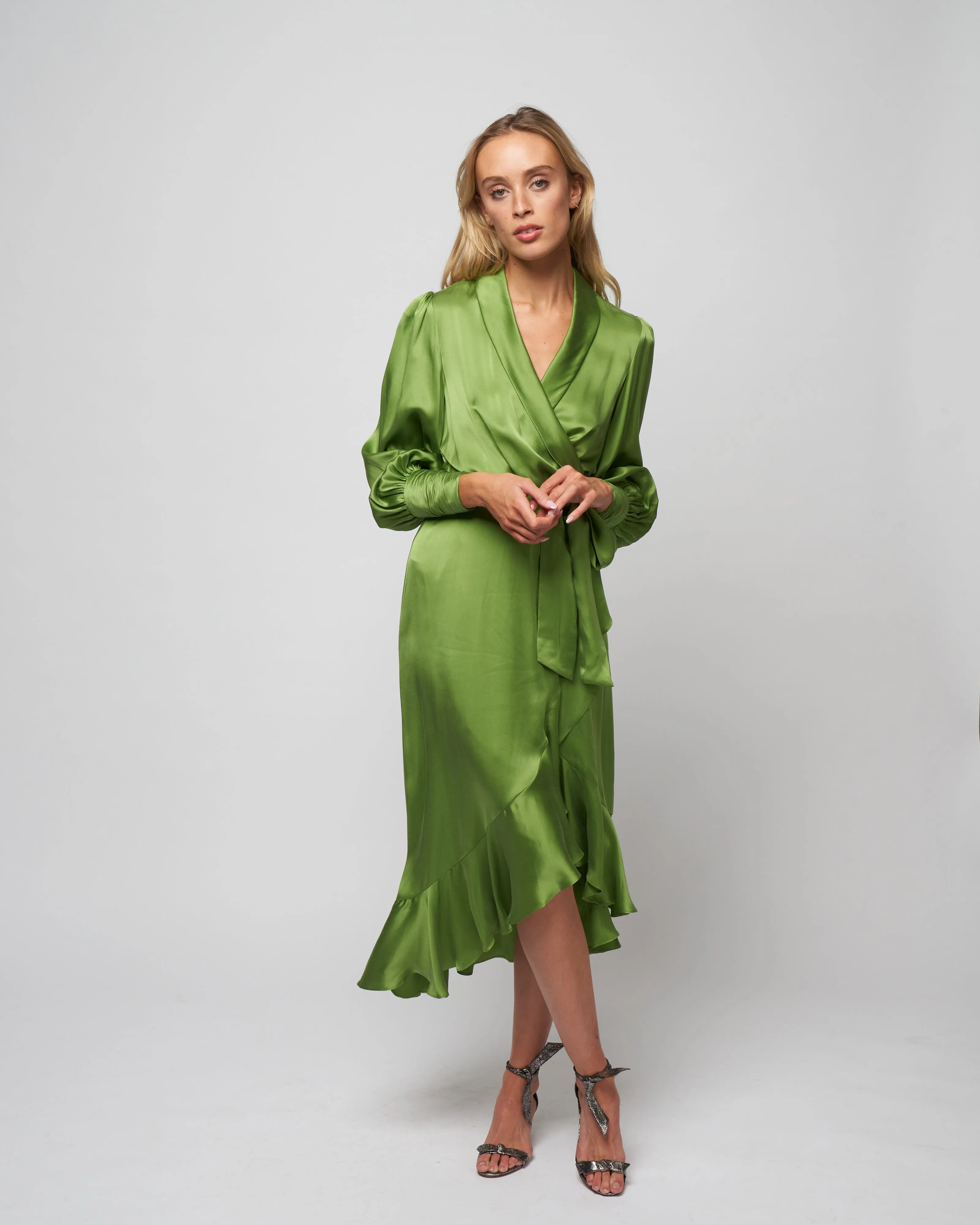 silk wrap midi dress - olive