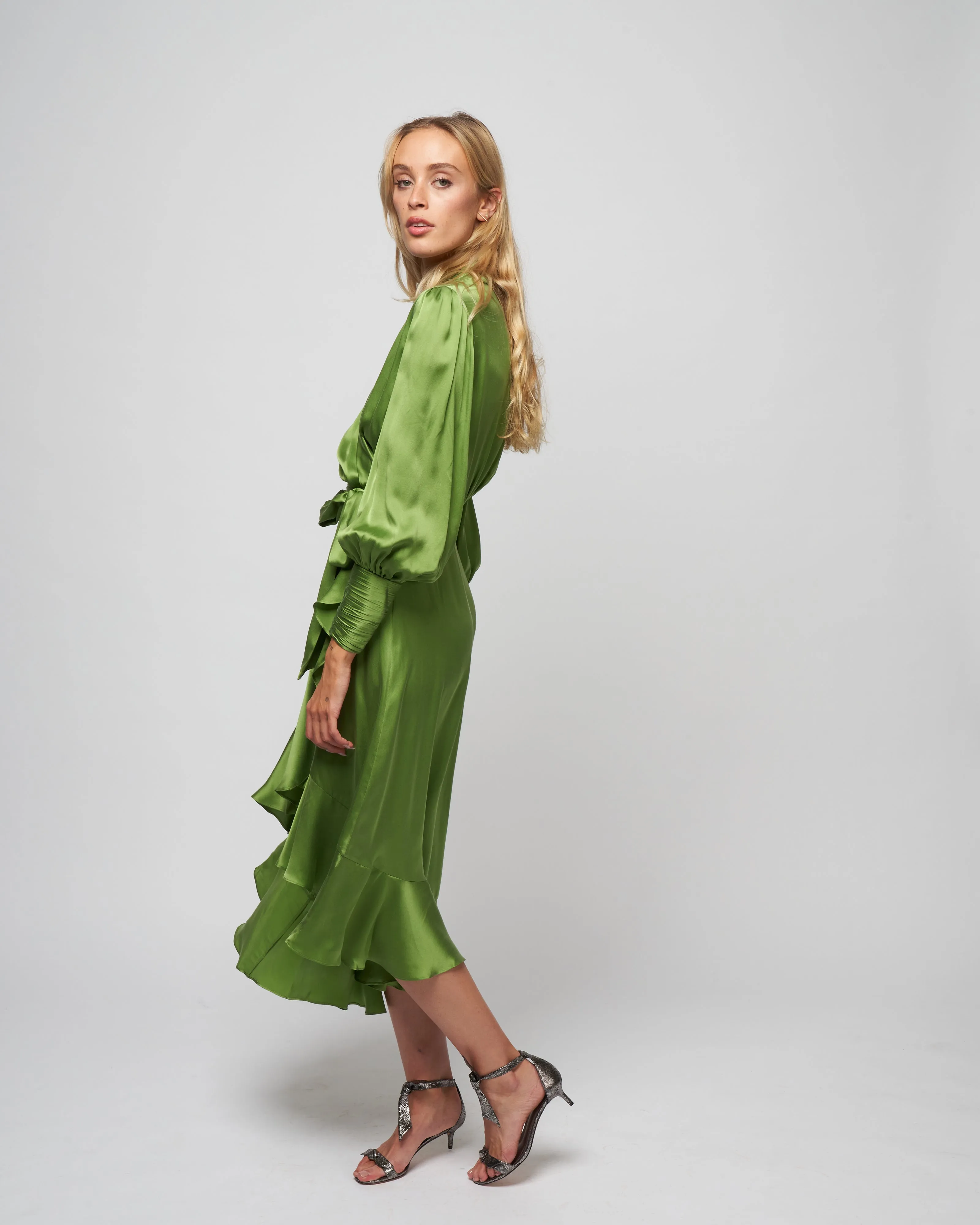 silk wrap midi dress - olive