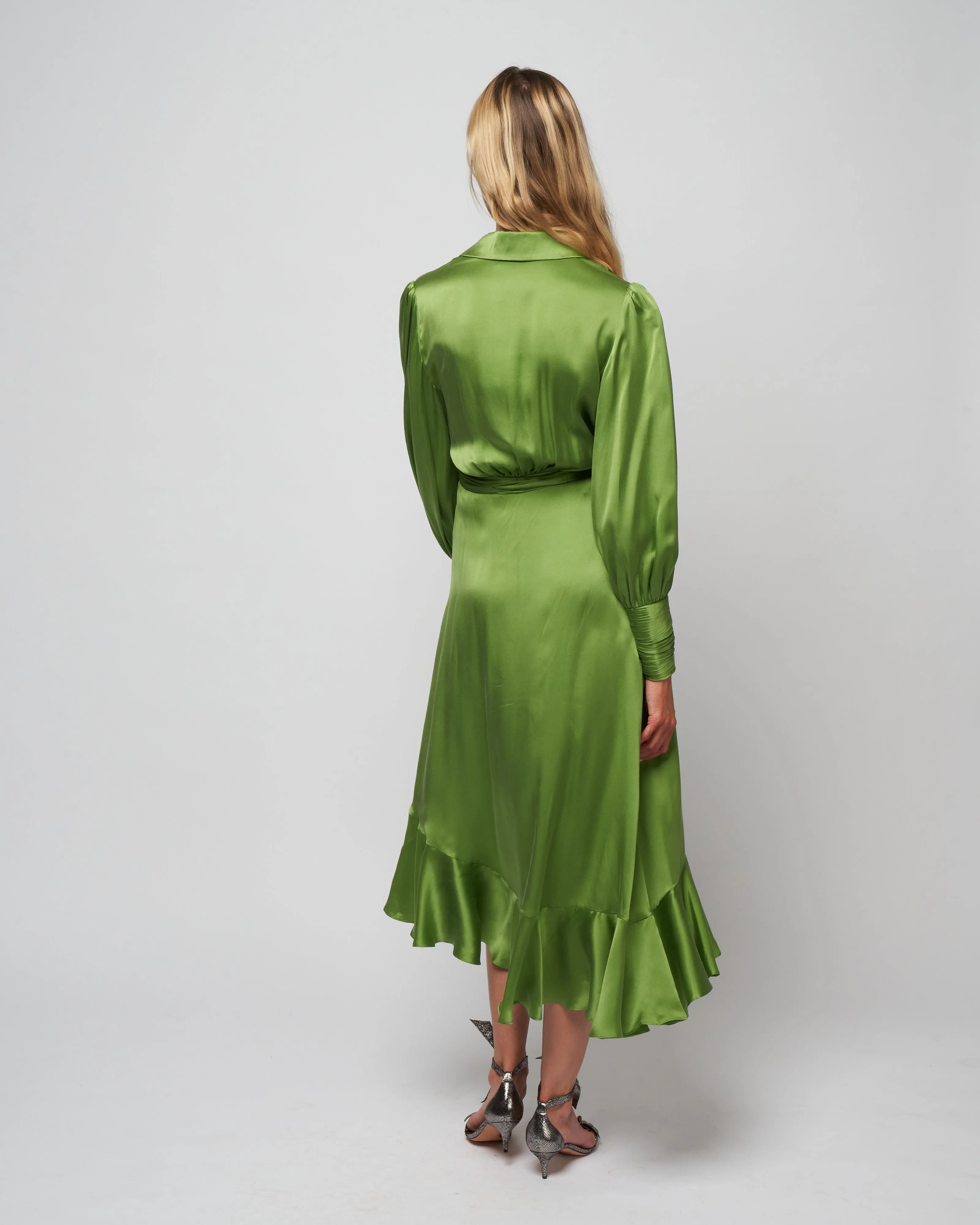 silk wrap midi dress - olive