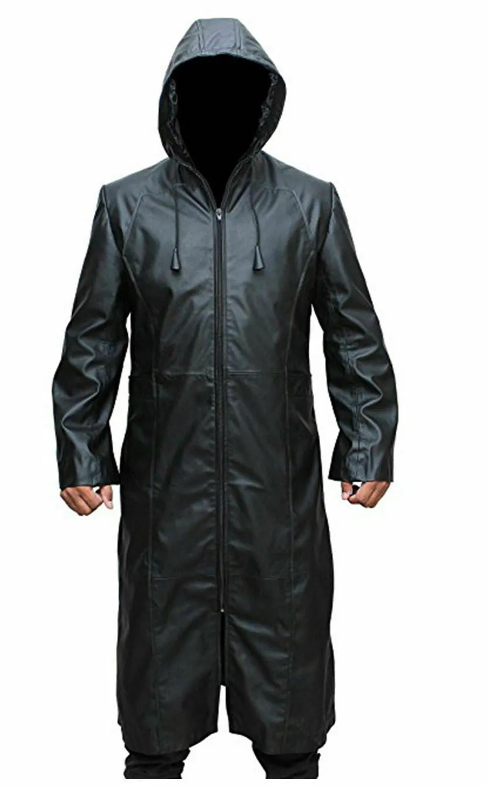 Spine Spark Organization 13 Game Enigma Black Leather Long Coat With Hood