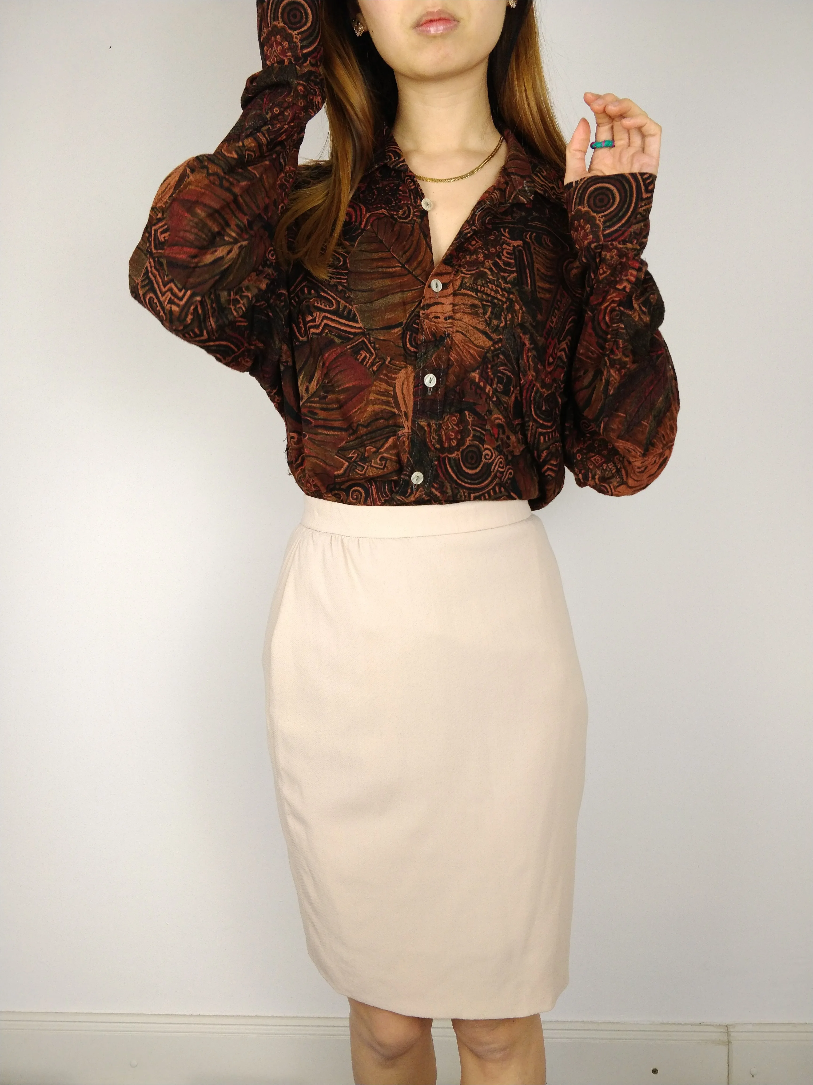 The Bread Roll | Vintage wool beige nude mini pencil skirt XS-S