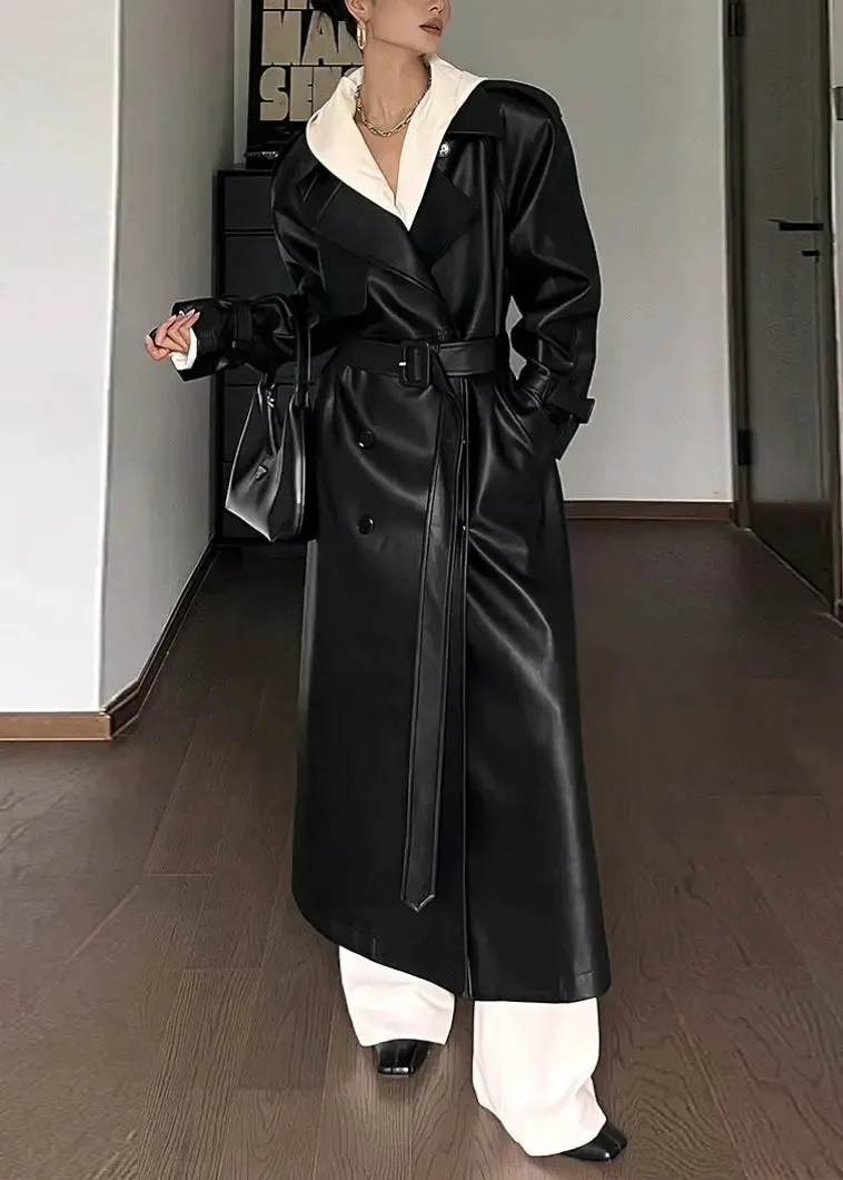 Tie Waist Pockets Faux Leather Coat Fall