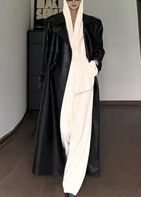 Tie Waist Pockets Faux Leather Coat Fall
