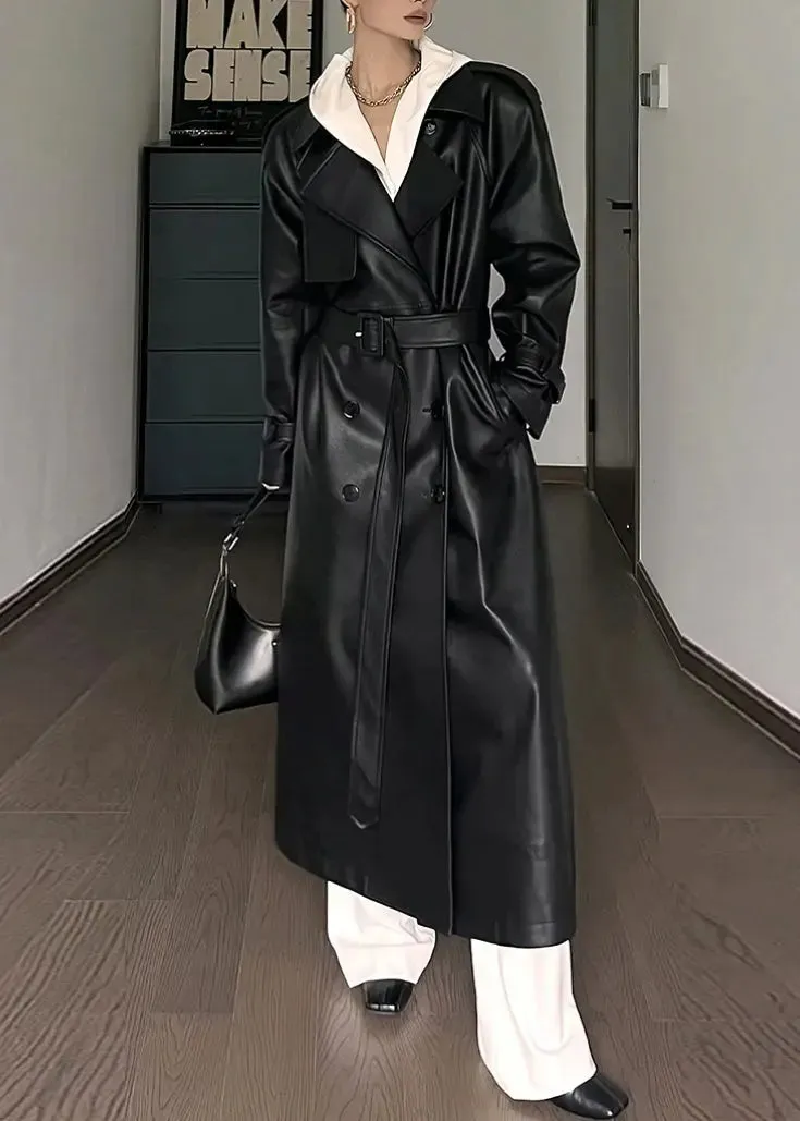 Tie Waist Pockets Faux Leather Coat Fall