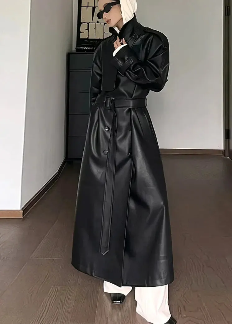 Tie Waist Pockets Faux Leather Coat Fall
