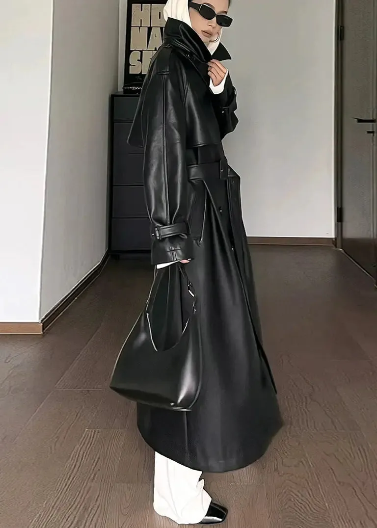 Tie Waist Pockets Faux Leather Coat Fall