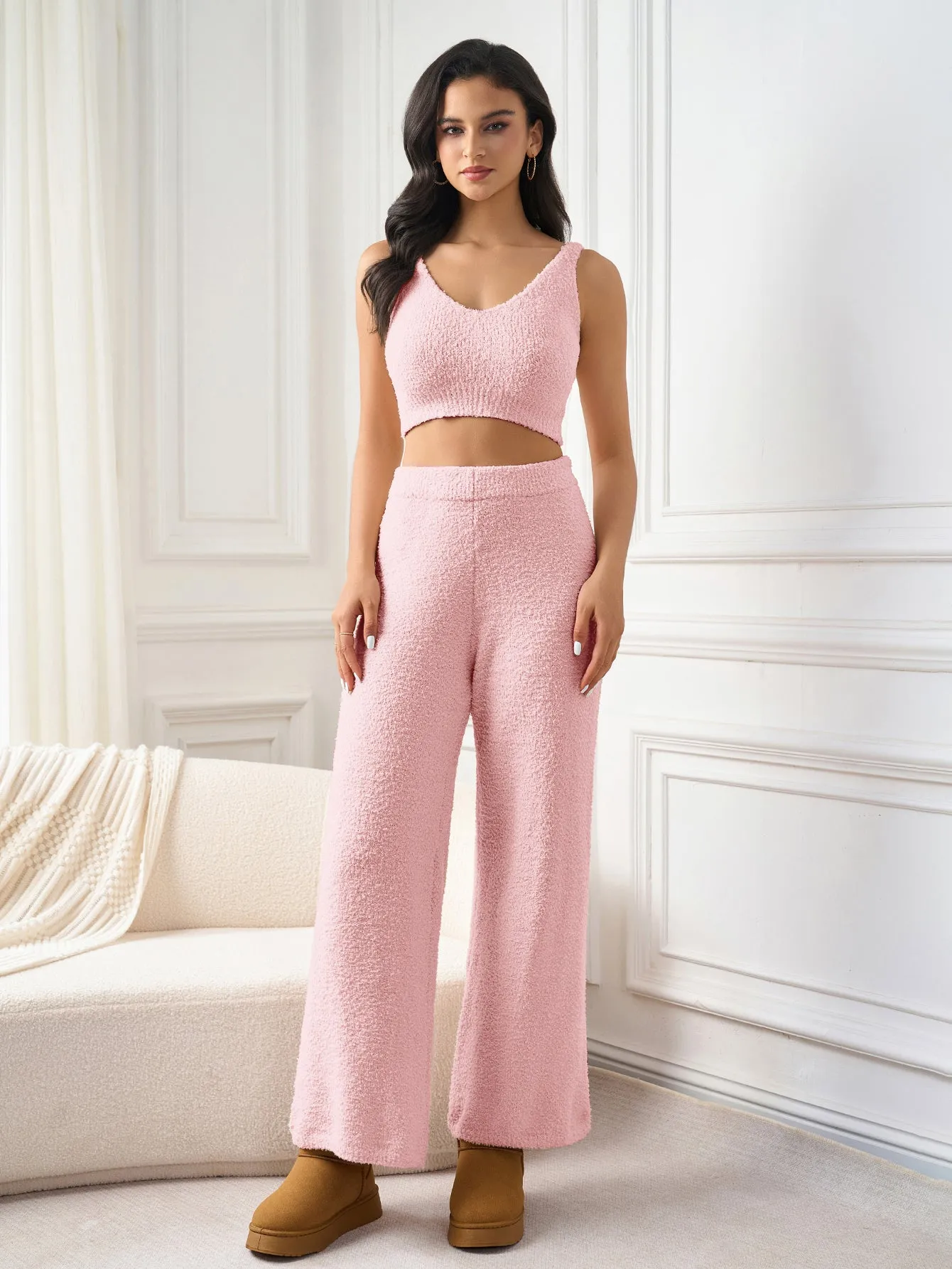 V-Neck Tank Crop Top&Wide Leg Pants Knitted Set