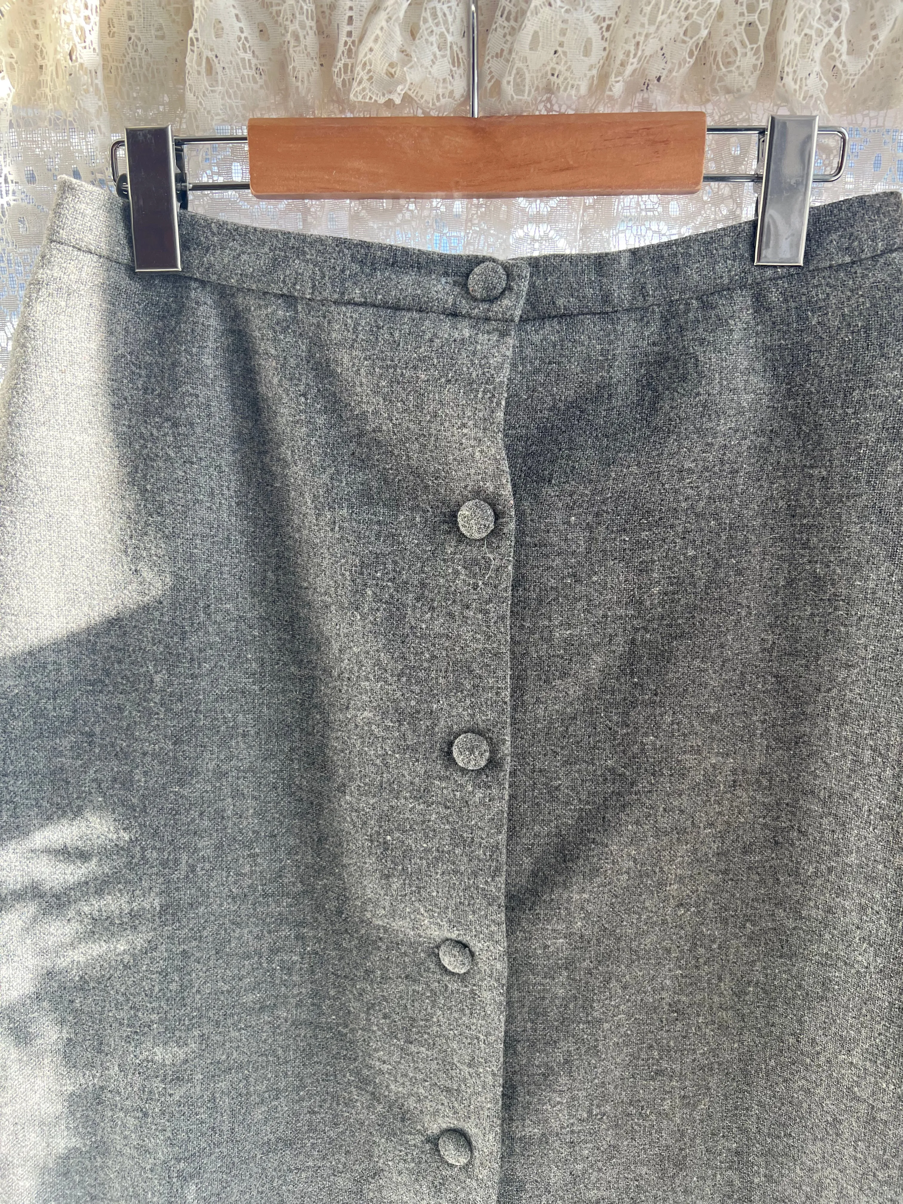 Vintage 60's Grey Wool Front Button Midi Pencil Skirt