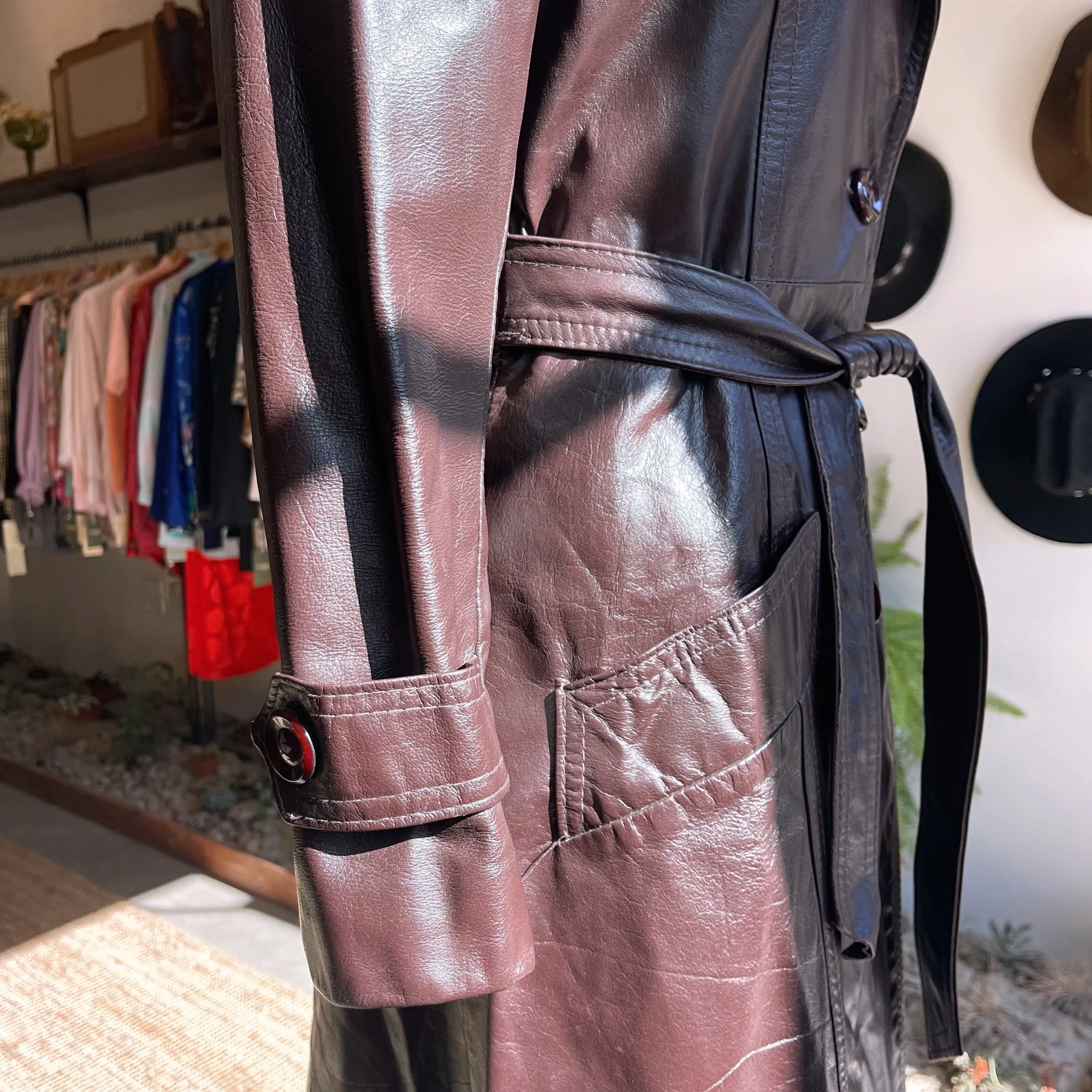 Vintage Leather Trench in Wine