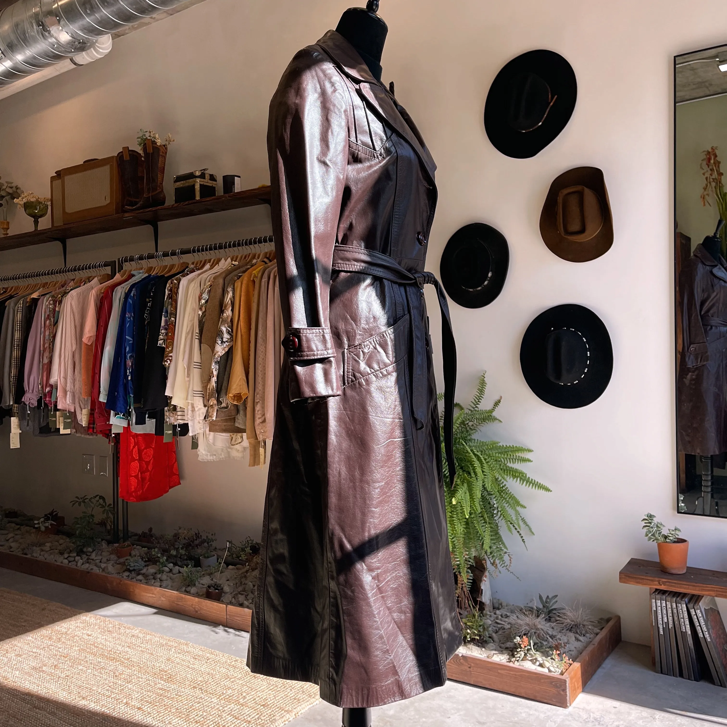 Vintage Leather Trench in Wine