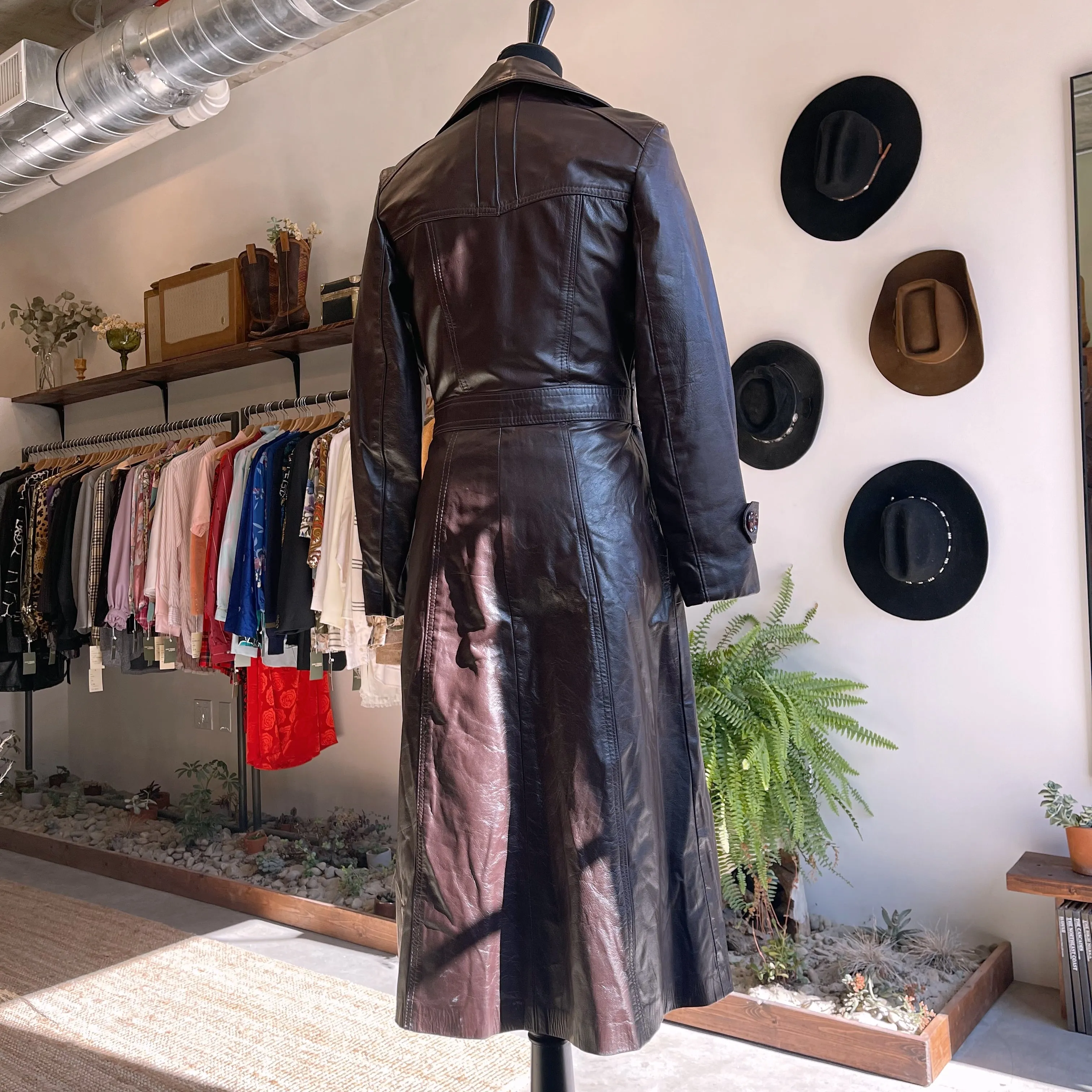 Vintage Leather Trench in Wine