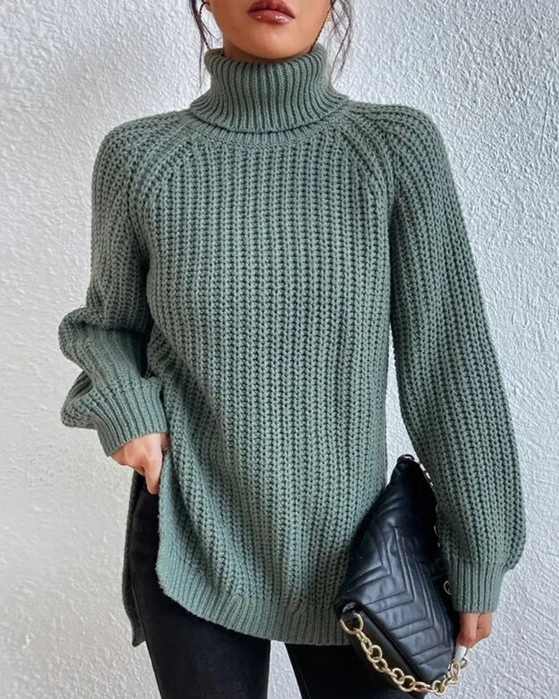Wenkouban-Christmas Thanksgiving outfits_sleeves with raglan sweater and Turtleneck slit