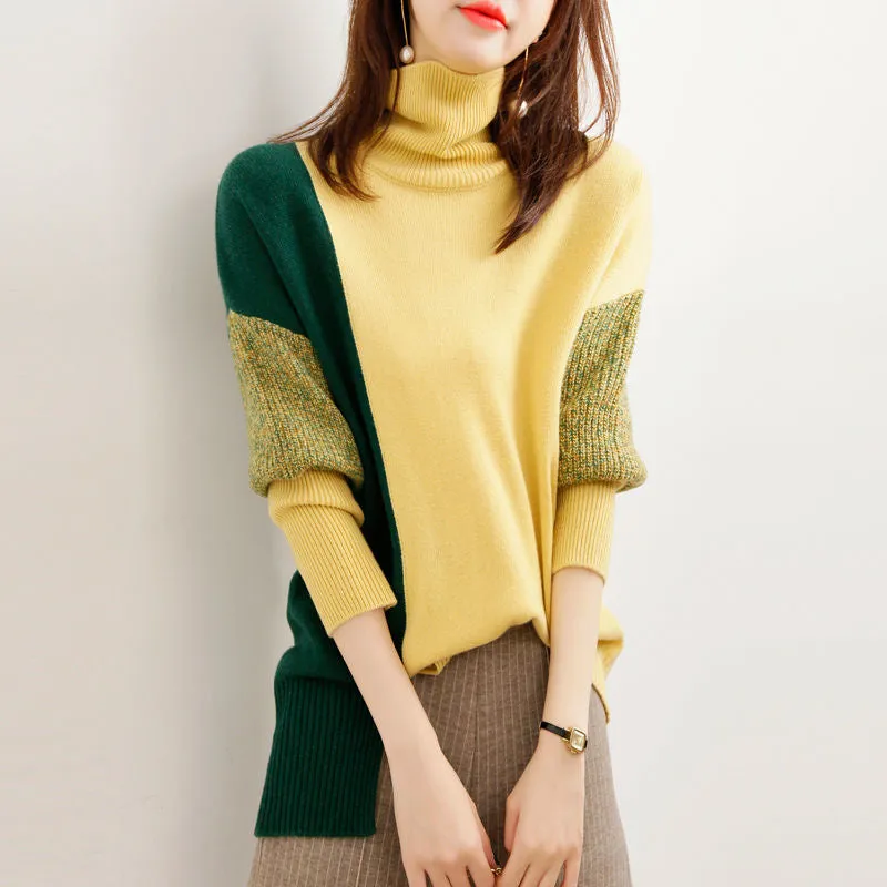 Wjczt Loose Turtleneck Solid Office Lady Thick Pullovers Splicing Irregular Women's Clothing Leisure All-match Autumn Winter Sweaters