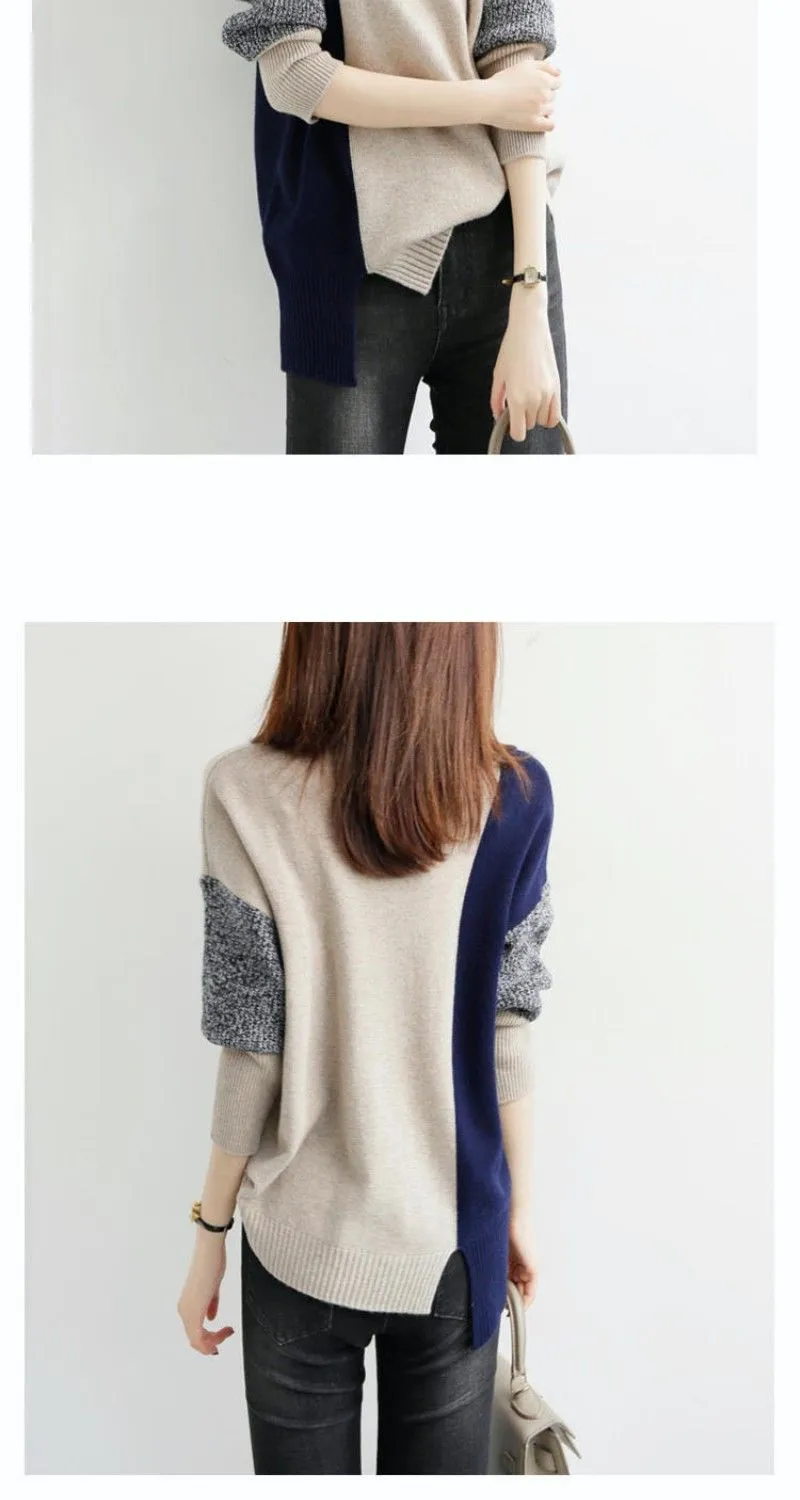 Wjczt Loose Turtleneck Solid Office Lady Thick Pullovers Splicing Irregular Women's Clothing Leisure All-match Autumn Winter Sweaters