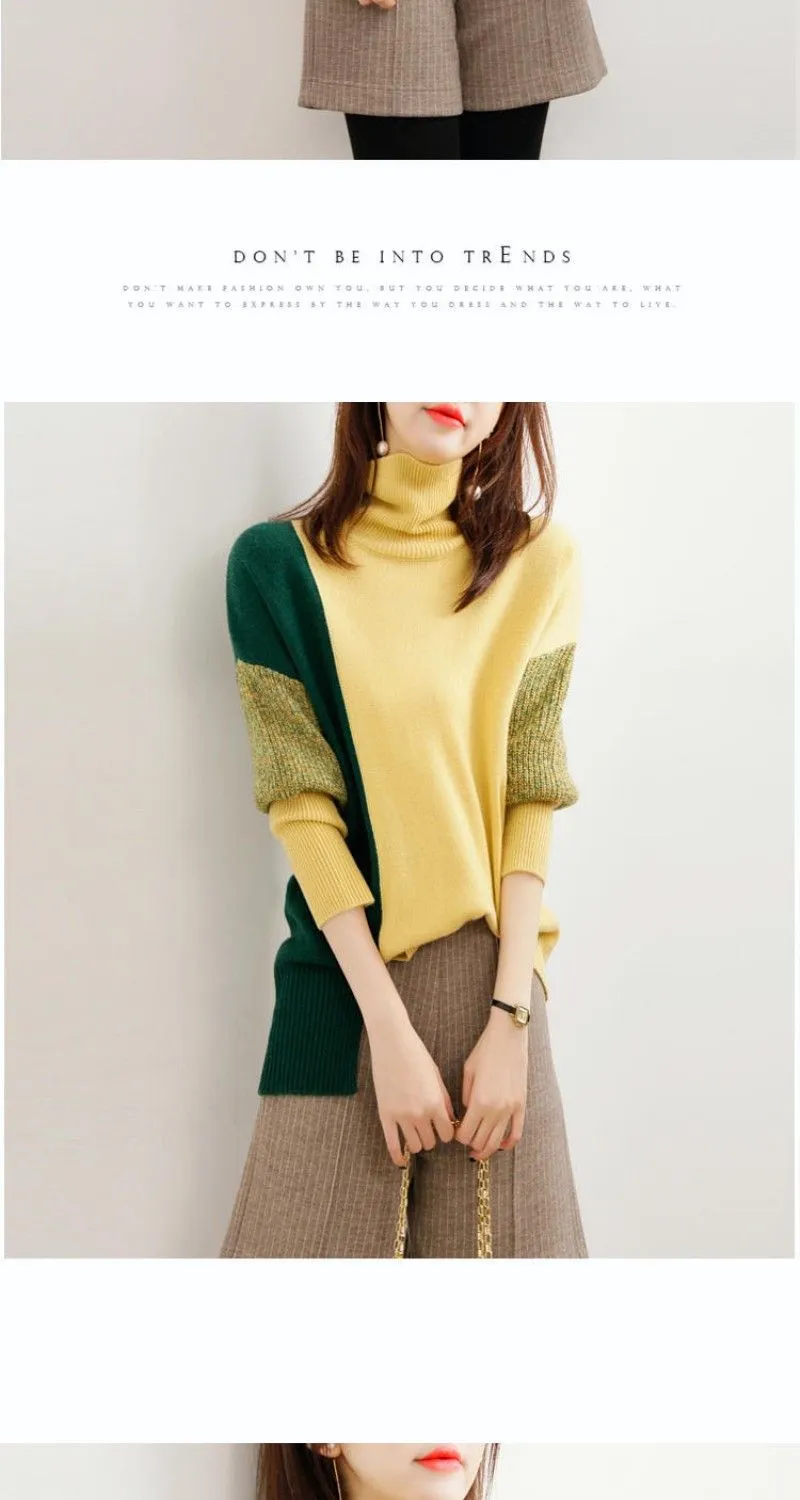 Wjczt Loose Turtleneck Solid Office Lady Thick Pullovers Splicing Irregular Women's Clothing Leisure All-match Autumn Winter Sweaters