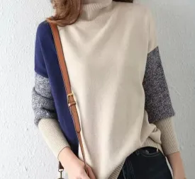 Wjczt Loose Turtleneck Solid Office Lady Thick Pullovers Splicing Irregular Women's Clothing Leisure All-match Autumn Winter Sweaters