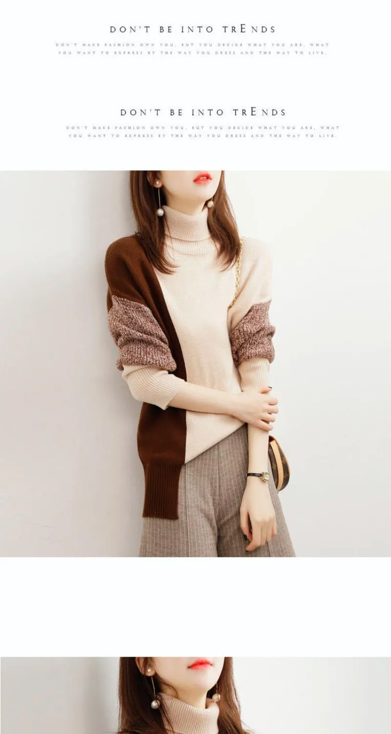 Wjczt Loose Turtleneck Solid Office Lady Thick Pullovers Splicing Irregular Women's Clothing Leisure All-match Autumn Winter Sweaters