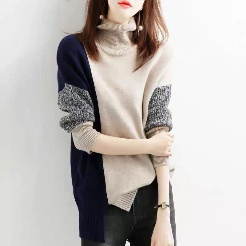 Wjczt Loose Turtleneck Solid Office Lady Thick Pullovers Splicing Irregular Women's Clothing Leisure All-match Autumn Winter Sweaters