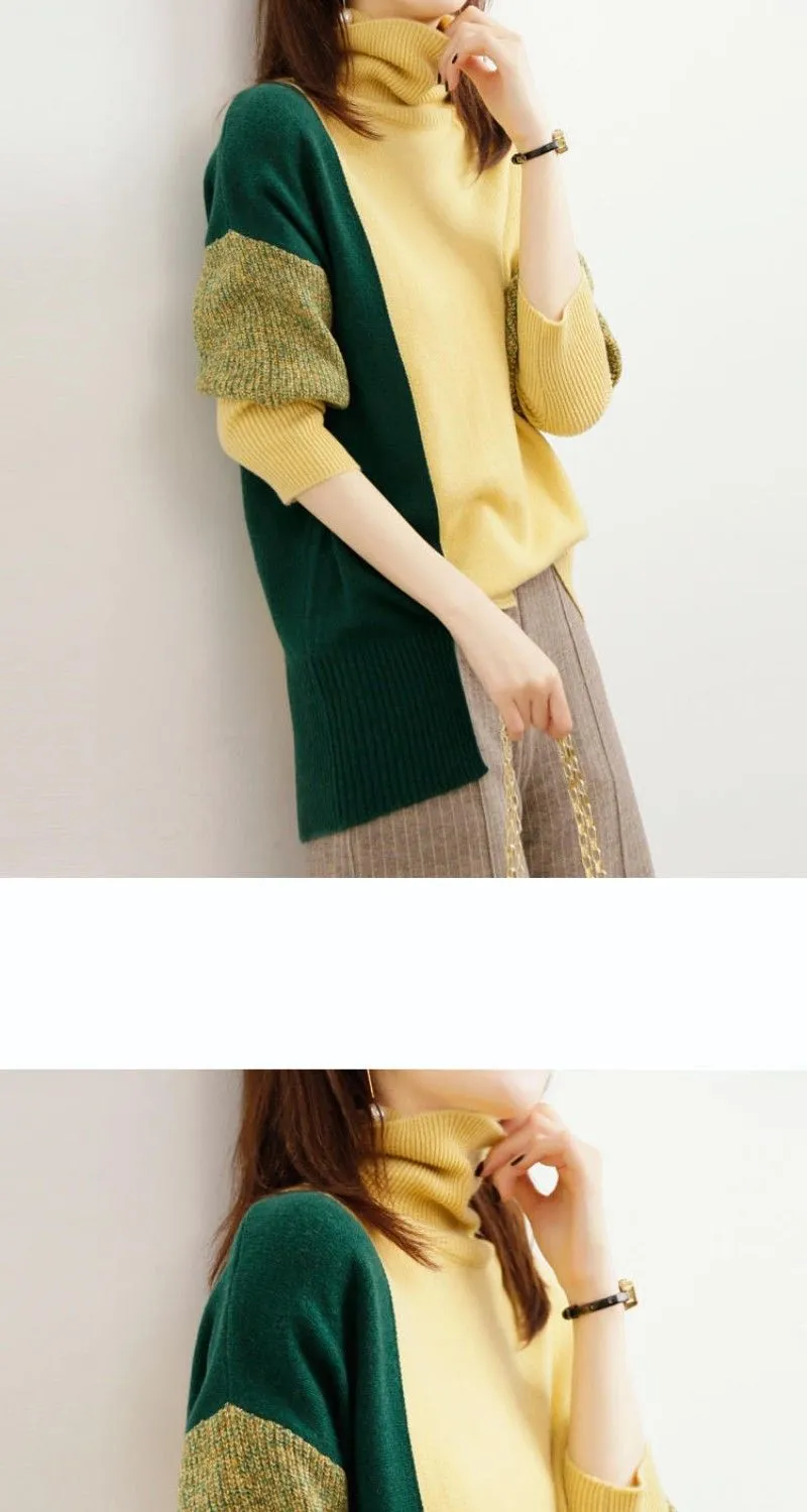 Wjczt Loose Turtleneck Solid Office Lady Thick Pullovers Splicing Irregular Women's Clothing Leisure All-match Autumn Winter Sweaters