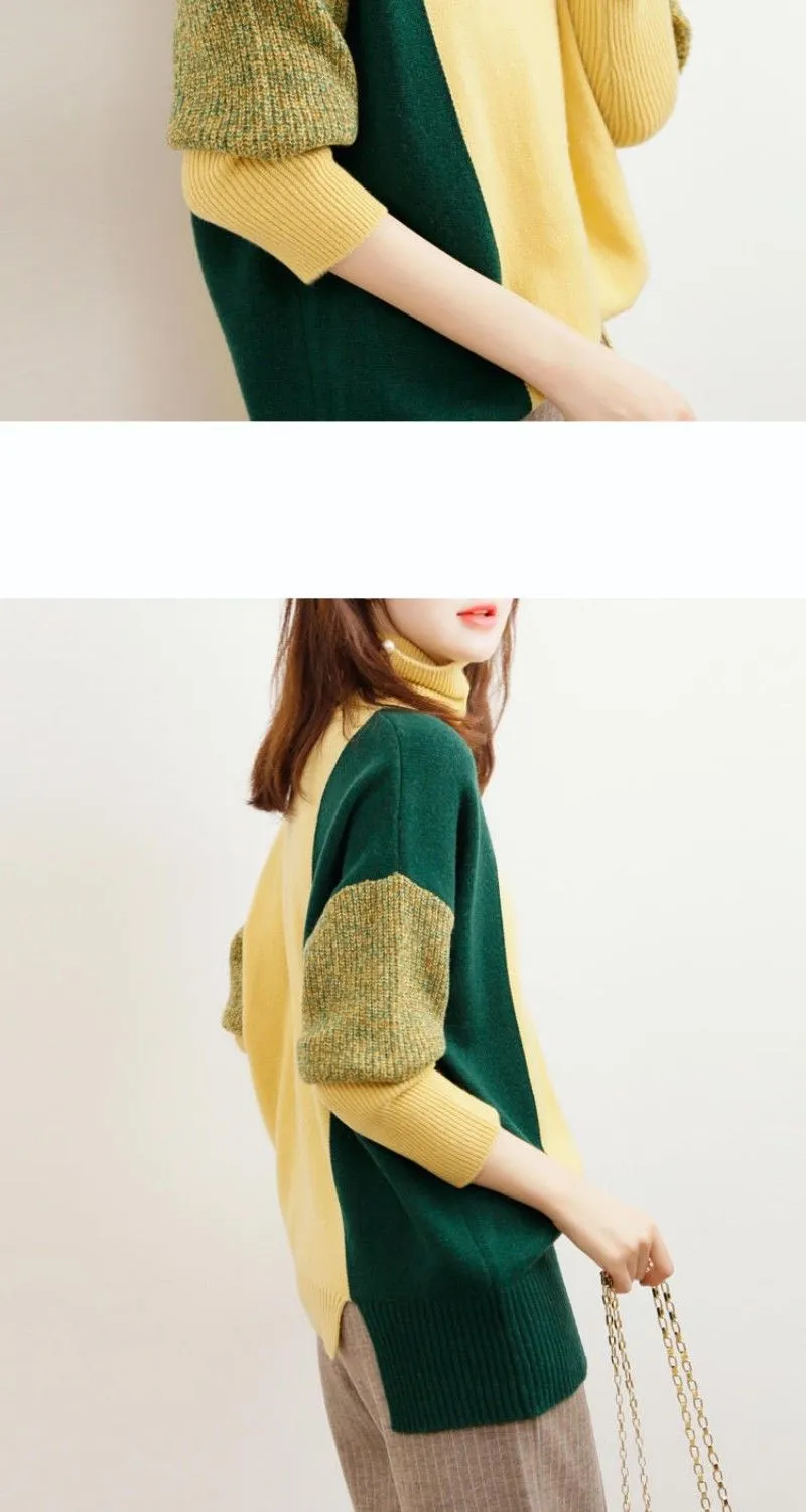 Wjczt Loose Turtleneck Solid Office Lady Thick Pullovers Splicing Irregular Women's Clothing Leisure All-match Autumn Winter Sweaters