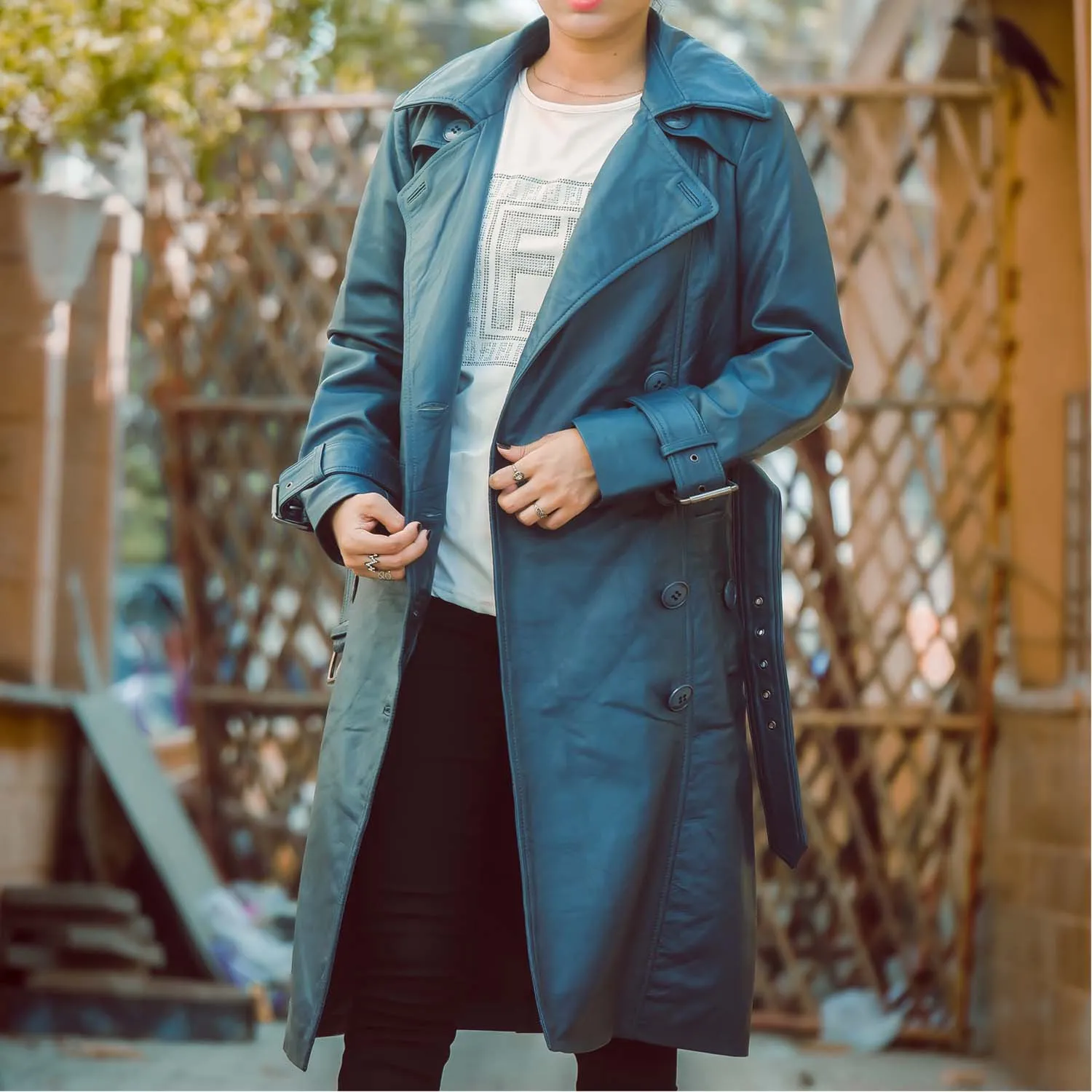 Women's Double Breasted Blue Leather Trench Coat