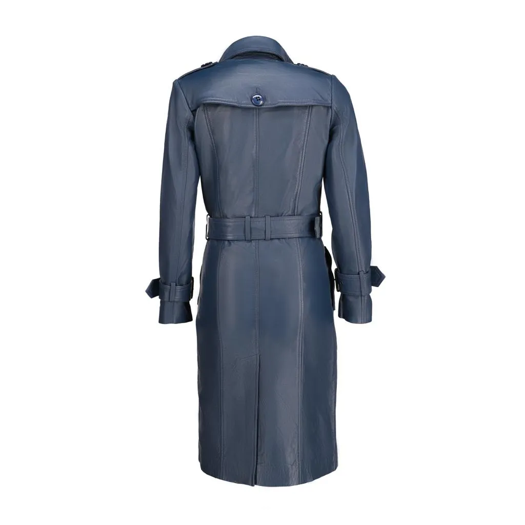 Women's Double Breasted Blue Leather Trench Coat