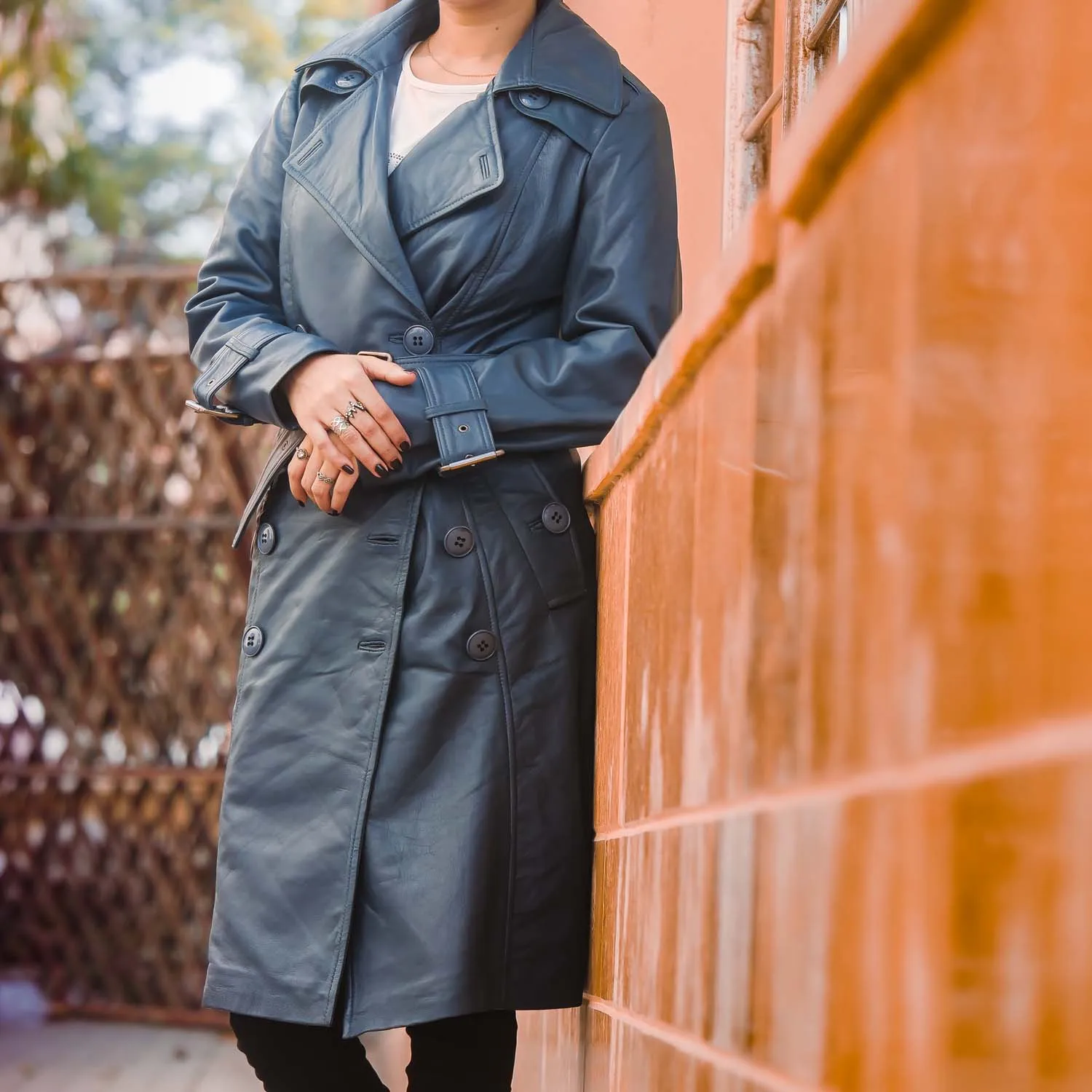 Women's Double Breasted Blue Leather Trench Coat