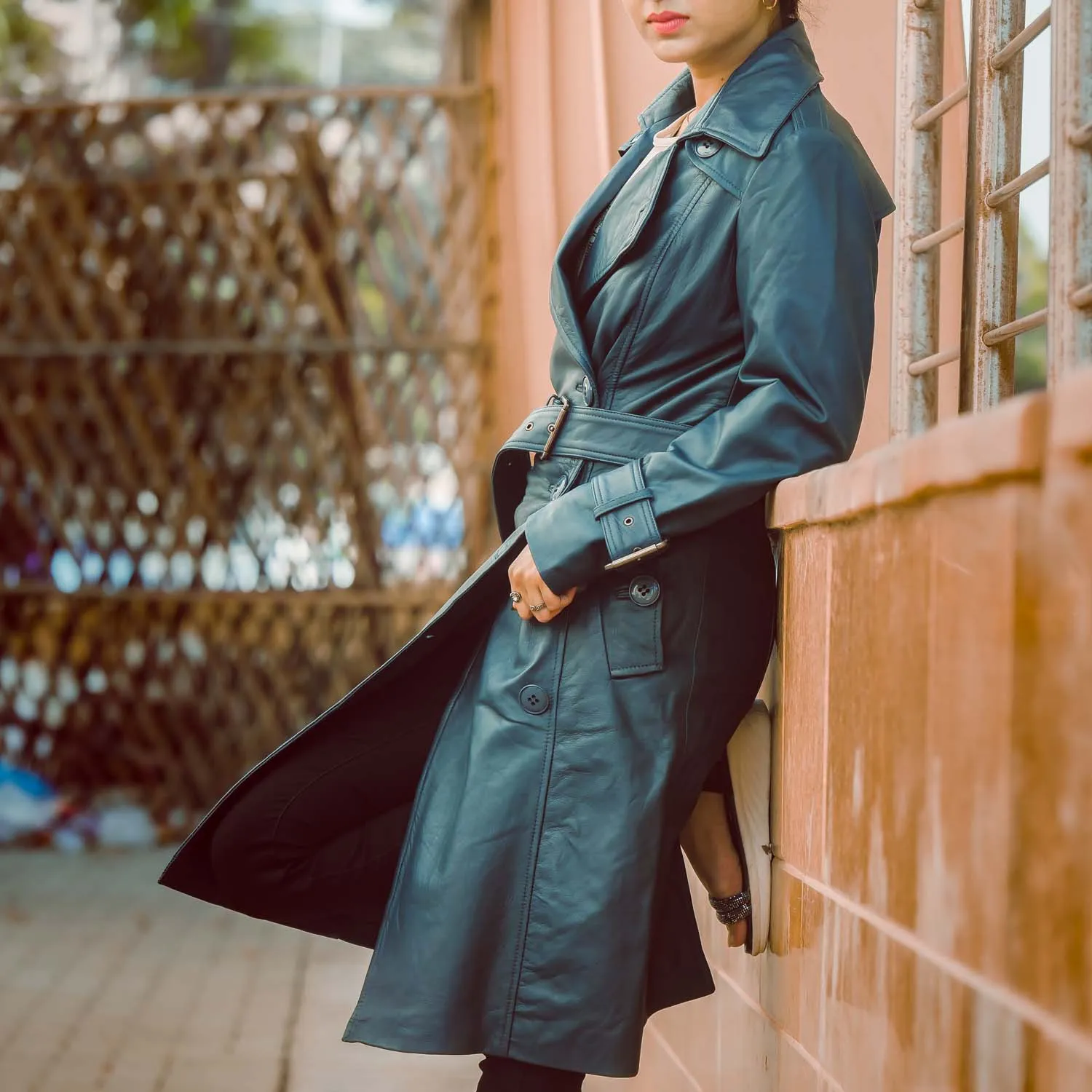 Women's Double Breasted Blue Leather Trench Coat