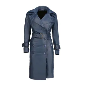 Women's Double Breasted Blue Leather Trench Coat