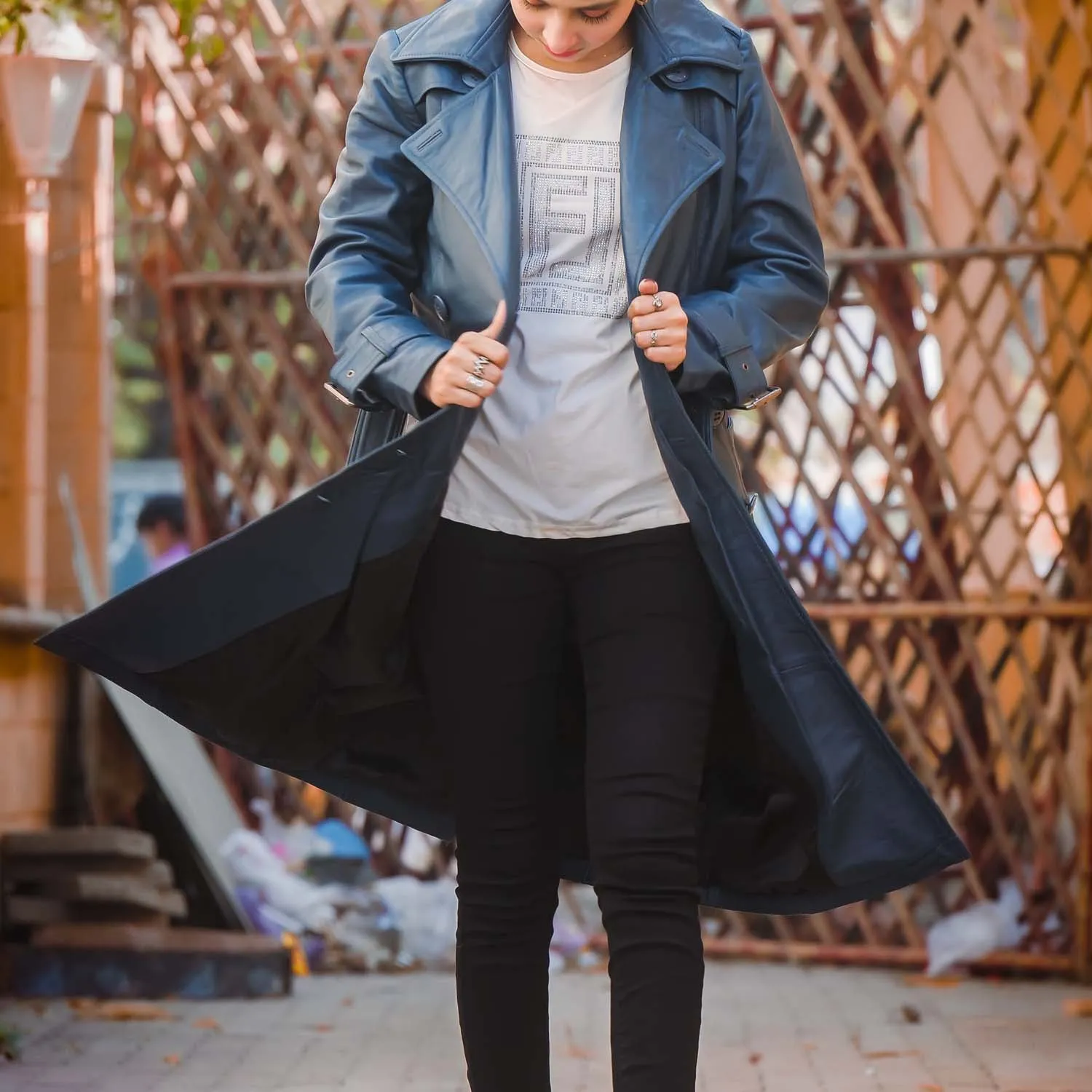 Women's Double Breasted Blue Leather Trench Coat