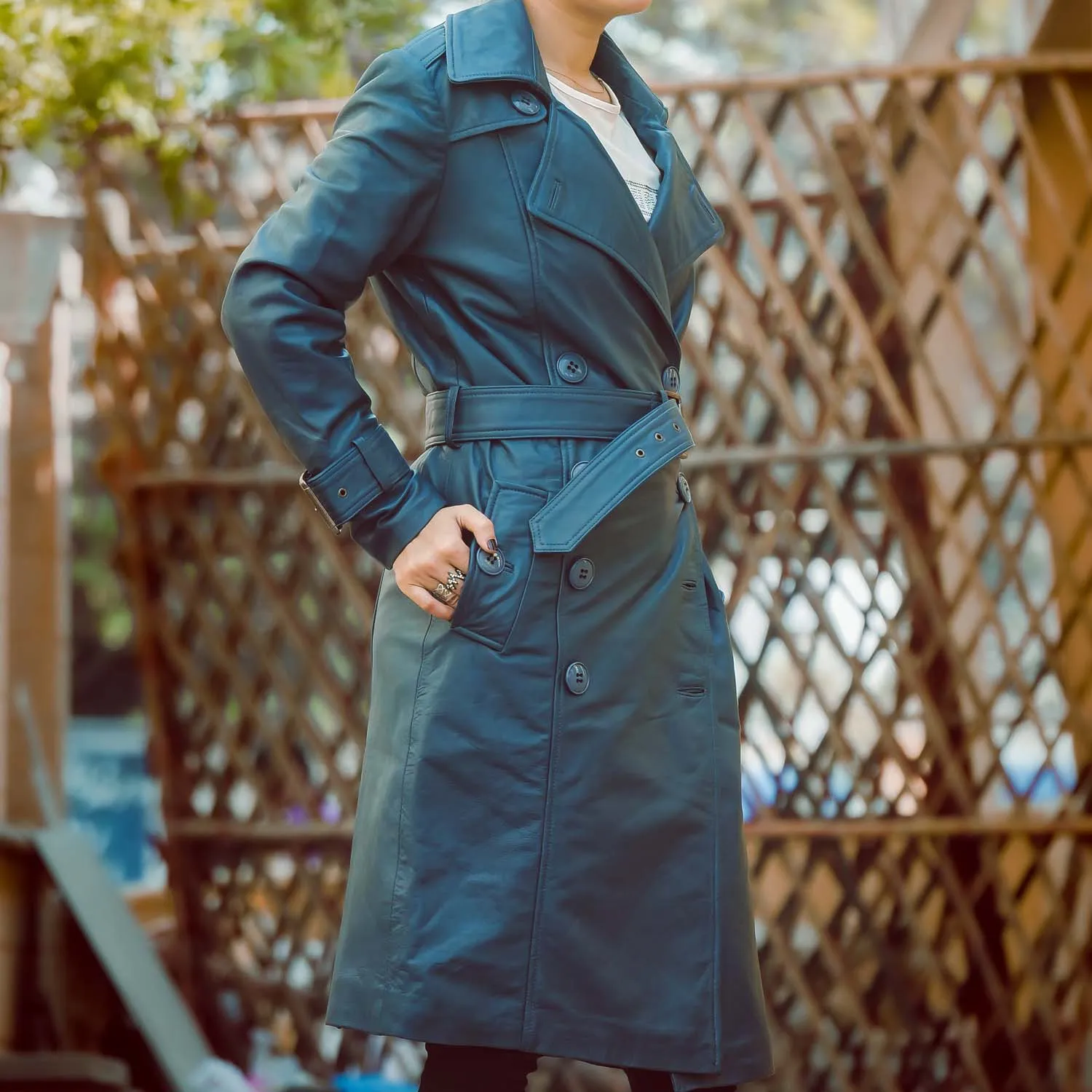 Women's Double Breasted Blue Leather Trench Coat