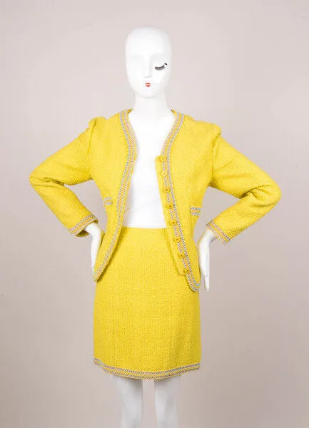 Yellow, Pink, and Blue Knit Skirt Suit With Beaded Embellishment