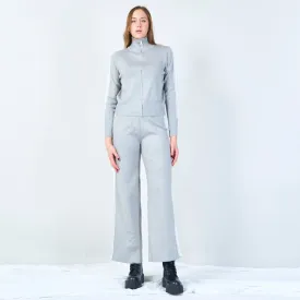 Zip-up turtleneck sweater and wide-leg pants set wholesale