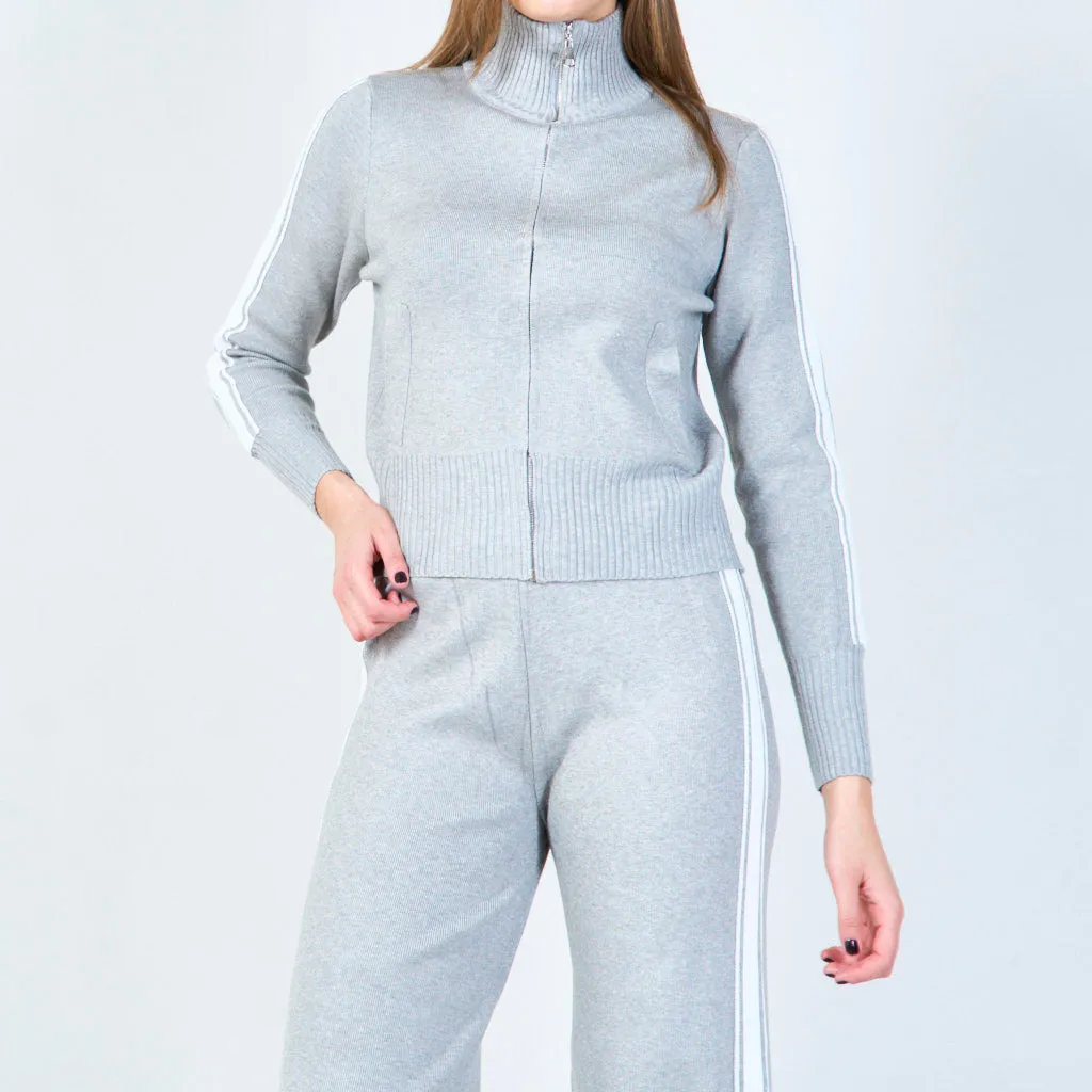 Zip-up turtleneck sweater and wide-leg pants set wholesale